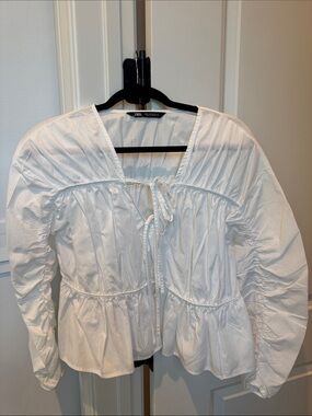 Zara White Tie-Front Peplum Blouse